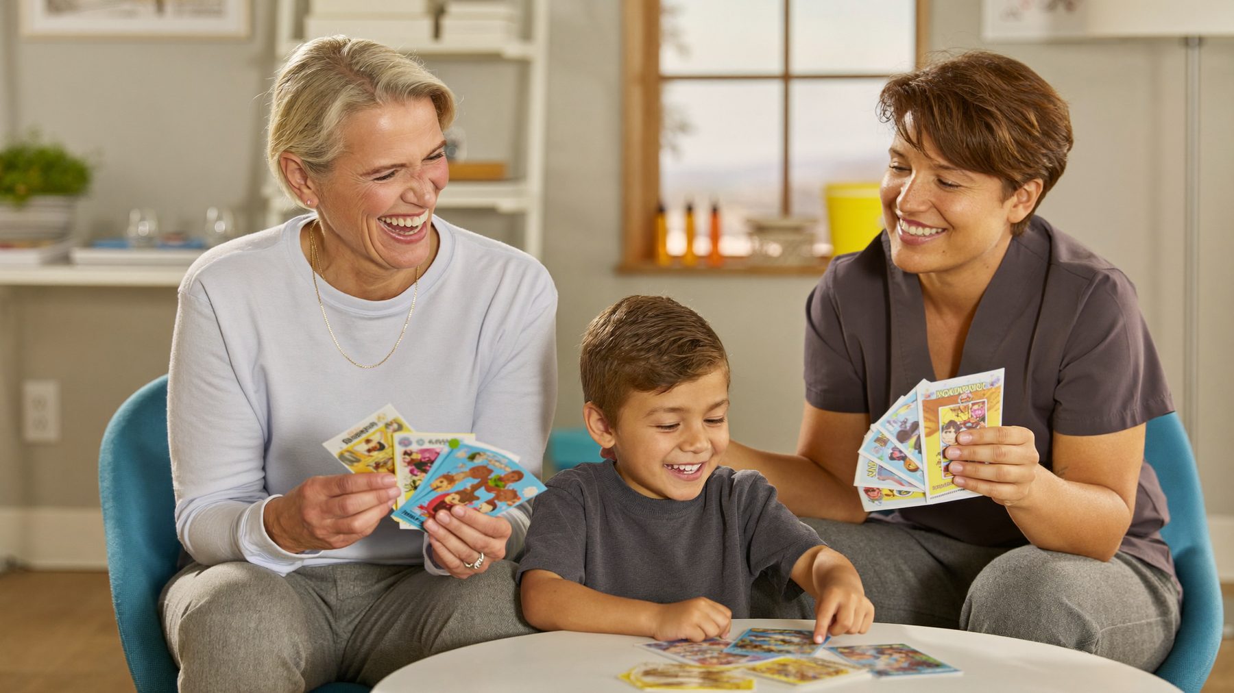 Two speech-language clinicians working one-on-one with a young boy using picture cards